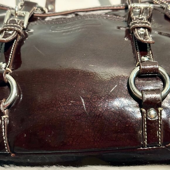 COACH East West Gallery Tote Patent Leather Brown Silver 10380 Clip Closure Tag - Picture 14 of 16